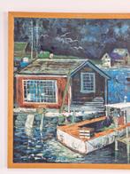 Vintage Schilderij stijlvol havenzicht op doek Jan ‘69 lijst, N, N, Ophalen of Verzenden, Zo goed als nieuw