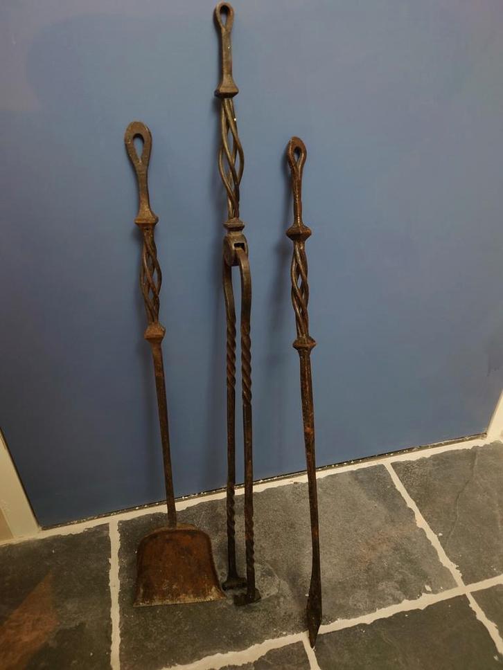 Kachel bestekset / openhaard set (schep, tang en pook), Huis en Inrichting, Kachels, Gebruikt, Houtkachel, Hout, Ophalen of Verzenden