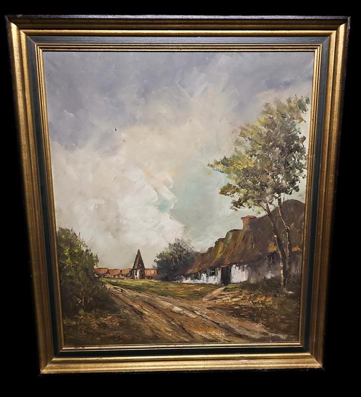 Schilderij Dorpsgezicht, Antiek en Kunst, Kunst | Schilderijen | Klassiek, Ophalen of Verzenden