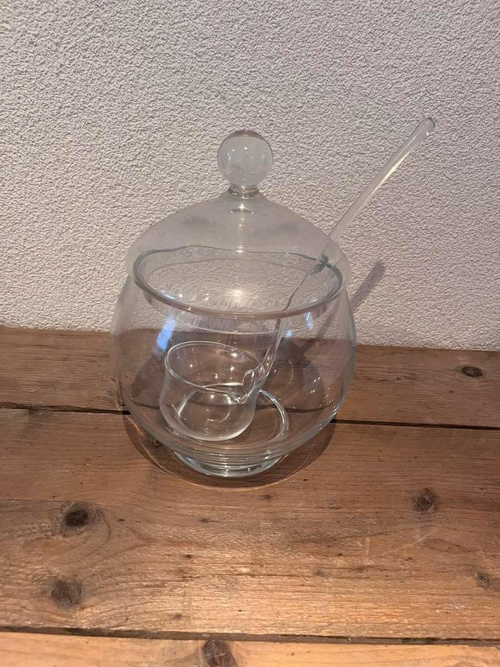 Glazen schaal met deksel en lepel, Antiek en Kunst, Antiek | Glas en Kristal, Ophalen
