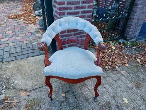 Biedermeier mahonie gebogen stoel, blauw-grijze velours., Antiek en Kunst, Antiek | Meubels | Stoelen en Banken, Ophalen