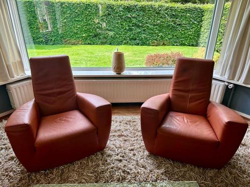 Label, Longa fauteuils (2x) Gerard vd Berg, Huis en Inrichting, Fauteuils, Gebruikt, Leer, 75 tot 100 cm, 75 tot 100 cm, Ophalen