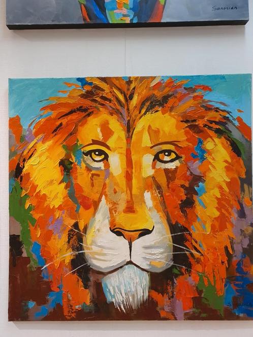 Olieverfschilderij kleurrijke leuw 100 x 100 cm, Antiek en Kunst, Kunst | Schilderijen | Modern, Ophalen of Verzenden