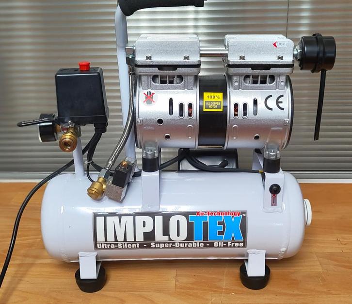 Stille olievrije compressor (48-50 dB), Implotex 1-480-9, Doe-het-zelf en Verbouw, Compressors, Zo goed als nieuw, 6 tot 10 bar