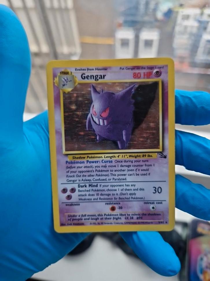 Gengar Holo 5/62 Fossil Wotc 1999 Nummer 3, Hobby en Vrije tijd, Verzamelkaartspellen | Pokémon, Zo goed als nieuw, Losse kaart