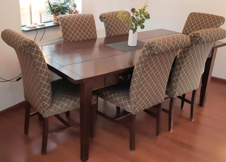 Mooie koloniale eethoek - tafel met 6 stoelen, Huis en Inrichting, Tafels | Eettafels, Gebruikt, 50 tot 100 cm, 200 cm of meer