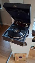 Werkende antieke koffergrammofoon met 7 oude platen, Antiek en Kunst, Ophalen of Verzenden
