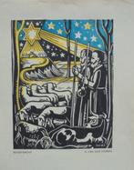 Andre van der Vossen.1893 -1963).Hout-linosnede.Kerstnacht., Antiek en Kunst, Ophalen of Verzenden