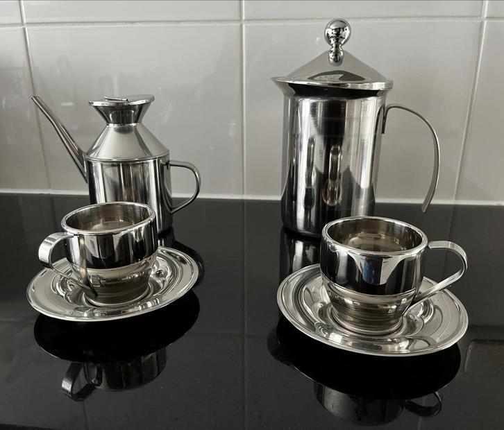 Zilverkleurig thee/koffie setje - 2 kopjes, Huis en Inrichting, Keuken | Bestek, Gebruikt, Los bestek, Zilver, Ophalen of Verzenden