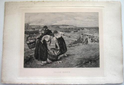 Ets Otto Leyde [c1882] Caller Herrin - Visserij kust Hook, Antiek en Kunst, Kunst | Etsen en Gravures, Ophalen of Verzenden