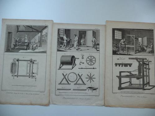 3 originele 18eE. gravures zijdeproductie spinnen weefgetouw, Antiek en Kunst, Kunst | Etsen en Gravures, Ophalen of Verzenden