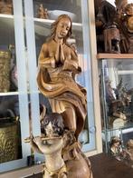 gebeeldhouwde biddende Madonna met houten engel 43cm, Antiek en Kunst, Ophalen of Verzenden