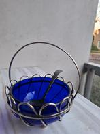 Blauw glazen schaaltje met zilveren houder en lepeltje, Huis en Inrichting, Ophalen of Verzenden, Zo goed als nieuw