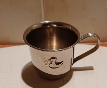 Vintage stalen beker met eendje, doopgeschenk. beschikbaar voor biedingen