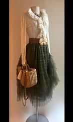 Tule trendy midi stroken rok kaki groen 36/38/40, Maat 38/40 (M), Ophalen of Verzenden, Zo goed als nieuw, Onder de knie