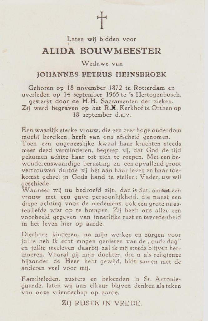Rotterdam 1872 - Den Bosch 1965 Alida Bouwmeester, Verzamelen, Bidprentjes en Rouwkaarten, Bidprentje, Ophalen of Verzenden