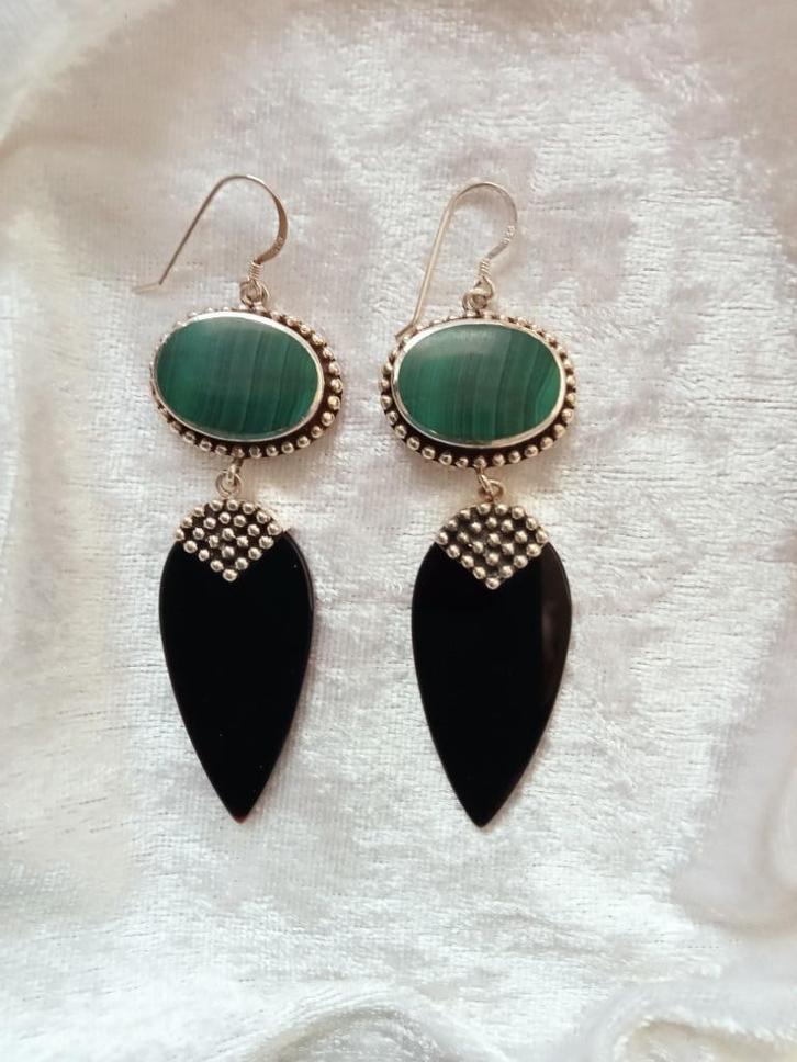 Mooie Lange Handgemaakte Zilveren Art Deco Oorhangers, Sieraden, Tassen en Uiterlijk, Antieke sieraden, Oorbellen, Zilver, Met edelsteen