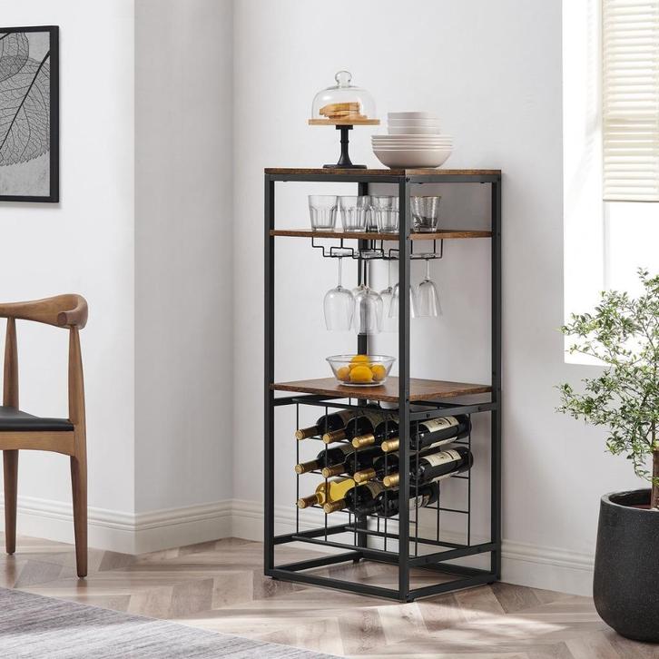 Wijnrek-52 x 40 x 113 cm-16 Flessen-Bruin / Zwart, Huis en Inrichting, Woonaccessoires | Wijnrekken, Nieuw, Minder dan 50 cm, Metaal