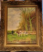 Schilderij met koeien en boer, Antiek en Kunst, Ophalen of Verzenden