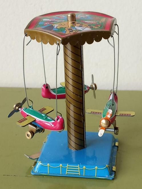 Vintage miniatuur blikken vliegtuigcarrousel zweefmolen, Verzamelen, Speelgoed, Zo goed als nieuw, Ophalen of Verzenden