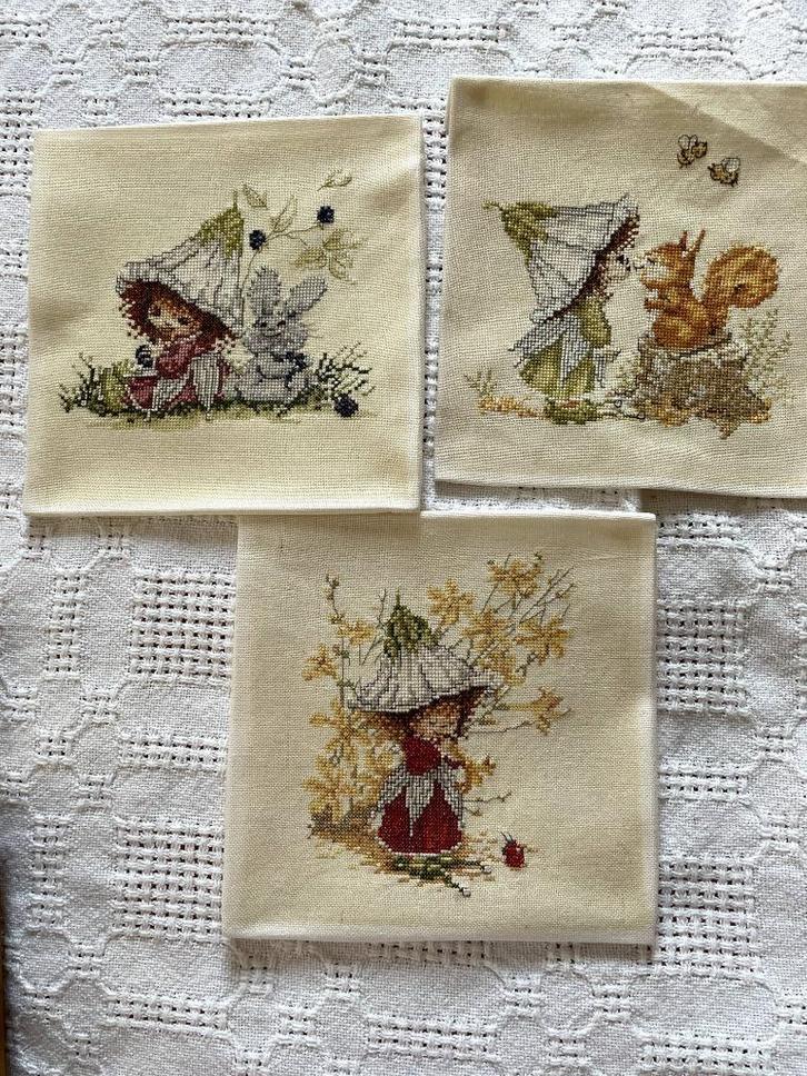 Set van 3x klein borduurwerk fee/ elfjes met bloemen, Hobby en Vrije tijd, Borduren en Borduurmachines, Overige typen, Ophalen of Verzenden