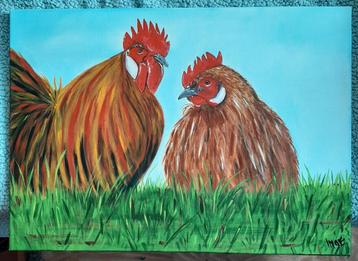Kip en Haan schilderij in mooie tinten acryl op canvas  beschikbaar voor biedingen