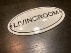 Vintage groot 13 bij 7 cm emaille bord LIVINGROOM, Ophalen of Verzenden