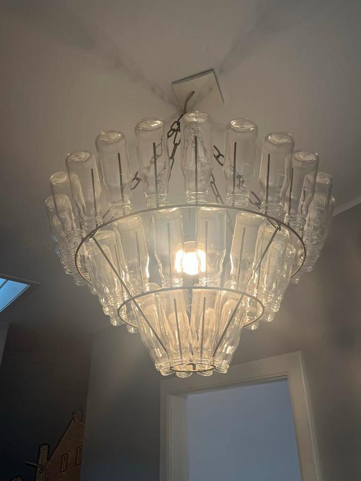 Flessen Kroonluchter - Industrieel, Huis en Inrichting, Lampen | Kroonluchters, Gebruikt, Glas, Ophalen of Verzenden