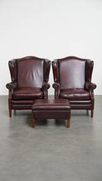 Set van 2 mooie bordeauxrode rundleren oorfauteuils + hocker, Huis en Inrichting, Fauteuils, Ophalen, Gebruikt, ., 75 tot 100 cm