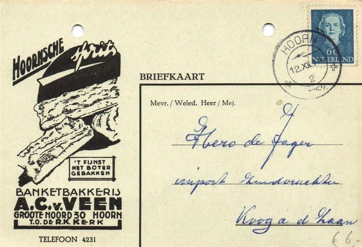Banketbakkerij A.C. v. Veen, Hoorn - 12.1952 - briefkaart, Postzegels en Munten, Brieven en Enveloppen | Nederland, Briefkaart