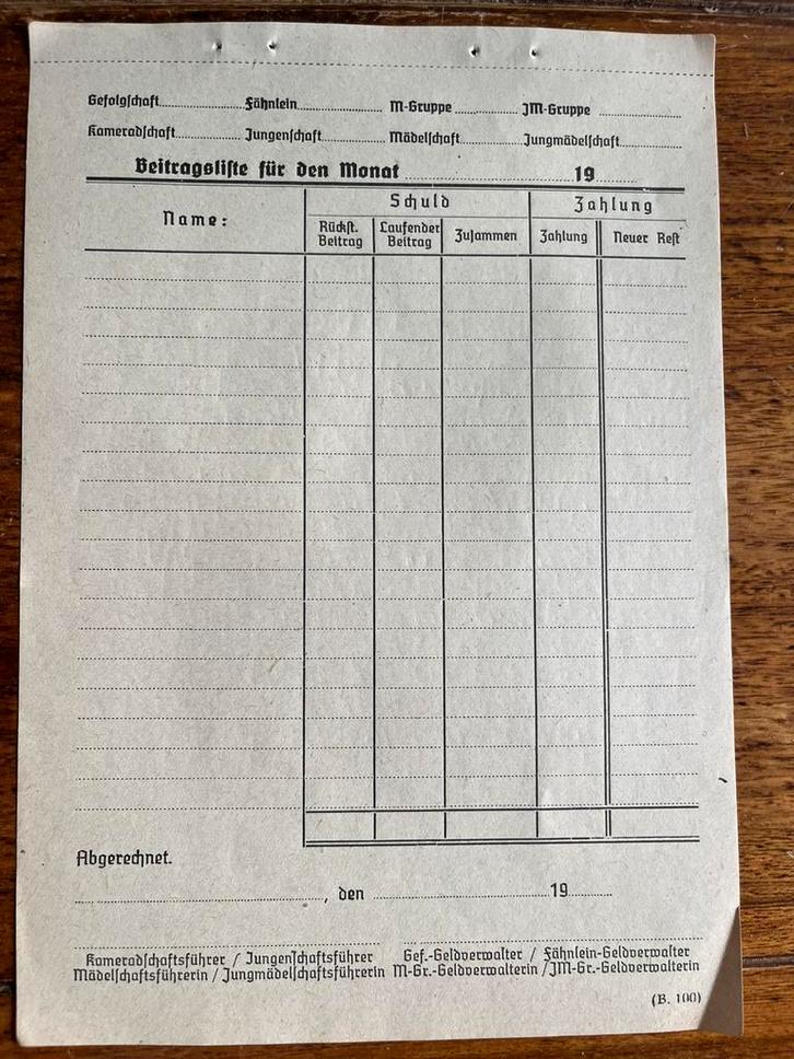 WO2 DUITS Formulier HJ-BDM oningevuld, Verzamelen, Militaria | Tweede Wereldoorlog, Landmacht, Overige typen, Duitsland, Verzenden