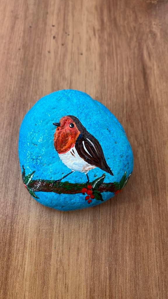 Beschilderde steen roodborstje, Hobby en Vrije tijd, Schilderen, Zo goed als nieuw, Ophalen of Verzenden