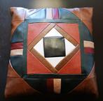 Vintage Lederen Patchwork Kussen uit de Jaren 70, Huis en Inrichting, Ophalen of Verzenden, Bruin, Vierkant