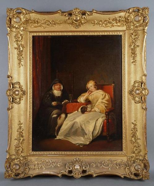 Antiek 1900 olieverf schilderij Het Voorlezen vergulde lijst, Antiek en Kunst, Kunst | Schilderijen | Klassiek, Ophalen of Verzenden