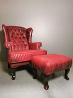 Lederen Chesterfield fauteuil met hocker / oxblood, Chesterfield, 75 tot 100 cm, Gebruikt, Leer