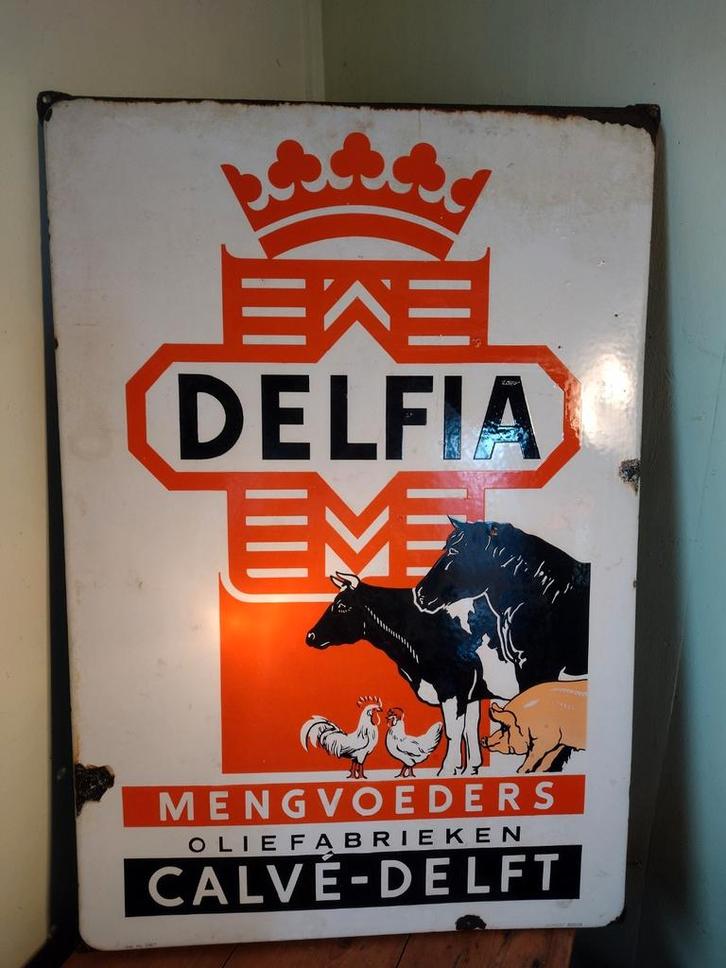 Oud origineel emaille bord Calve Delft., Verzamelen, Merken en Reclamevoorwerpen, Zo goed als nieuw, Reclamebord, Ophalen