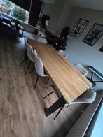 Industriële Eettafel Hout & Metaal met zes stoffen stoelen, Huis en Inrichting, Ophalen, Gebruikt, Industriële, 6 tot 8 stoelen