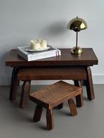 3 Vintage brutalist nesting bijzet tafeltjes eikenhout mimi, Minder dan 45 cm, Minder dan 55 cm, Ophalen of Verzenden, Rechthoekig