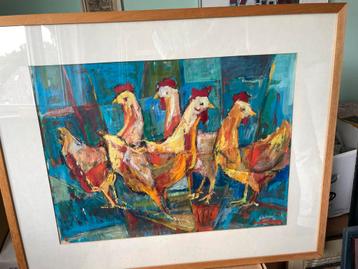 Jelle Otter - Kippen - eiwitverfschilderij Modern Ingelijst beschikbaar voor biedingen