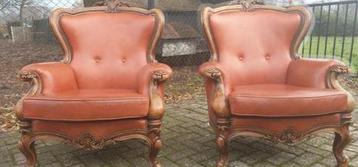 2 Biedermeier Barok Lederen Fauteuils beschikbaar voor biedingen