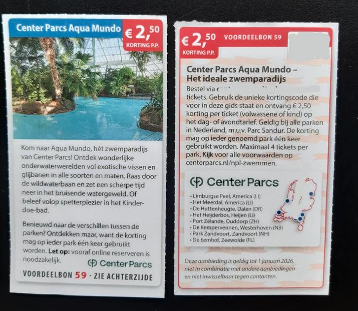 Center Parcs Aqua Mundo, €2,50 korting p.p., Tickets en Kaartjes, Kortingen en Cadeaubonnen, Drie personen of meer, Bungalowpark
