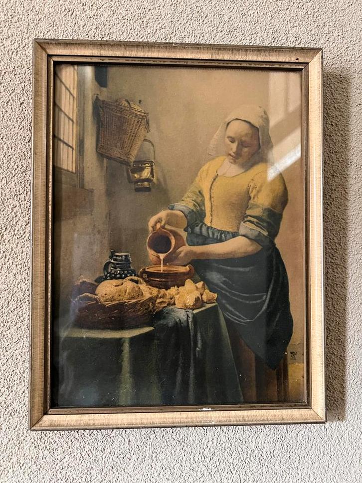 Oude prent Melkmeisje Vermeer incl. kader, Antiek en Kunst, Kunst | Schilderijen | Klassiek, Ophalen of Verzenden