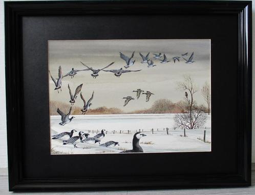 Ari Stolk (1934-2017) - Brandganzen (Gouache), Antiek en Kunst, Kunst | Schilderijen | Modern, Ophalen of Verzenden