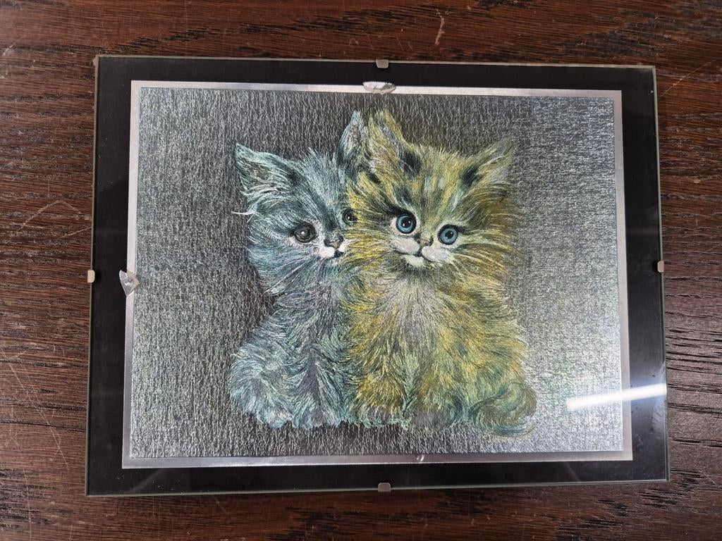 Schilderij van twee kittens, Minder dan 50 cm, Oorspronkelijke maker, N/A, Ophalen of Verzenden