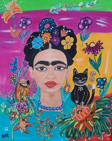 Schilderij Frida Khalo in vrolijk acryl op canvas  beschikbaar voor biedingen