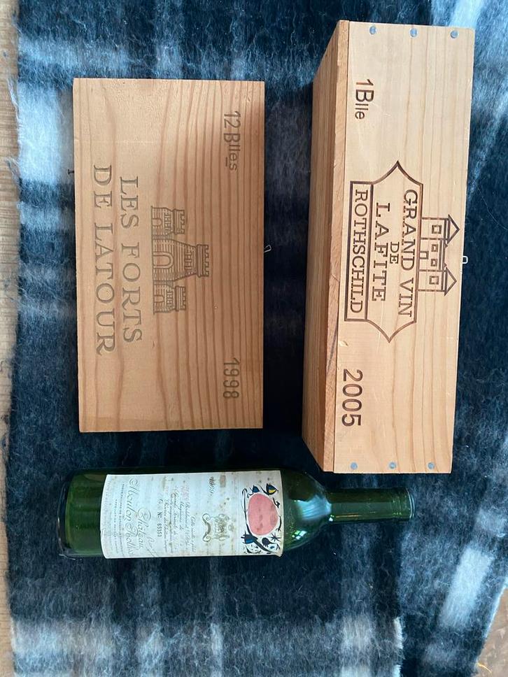 Wijnkist, zijkant en lege fles diverse Chateau's rothschild, Verzamelen, Wijnen, Gebruikt, Rode wijn, Frankrijk, Ophalen of Verzenden