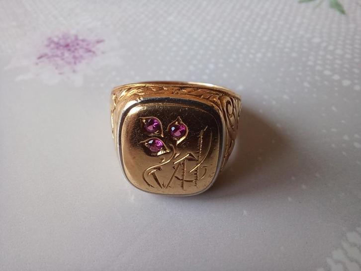 18 krt gouden herenring met robijnen, Sieraden, Tassen en Uiterlijk, Ringen, Zo goed als nieuw, Heer, 20 of groter, Goud, Goud