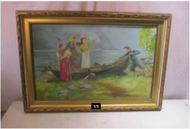 Oud Geschilderd Werk 'Op weg met de Roeiboot' - Tomasi, Antiek en Kunst, Kunst | Schilderijen | Klassiek, Ophalen of Verzenden