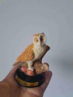 Velduil van kunsthars op een houten plateau D7 x H11 cm, Ophalen of Verzenden, Zo goed als nieuw, Vogel, Beeldje of Figuurtje