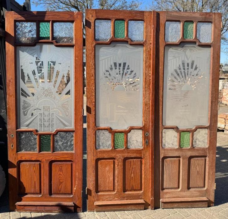 Set geëtste openslaande deuren en losse deur met bovenlicht, Antiek en Kunst, Curiosa en Brocante, Ophalen